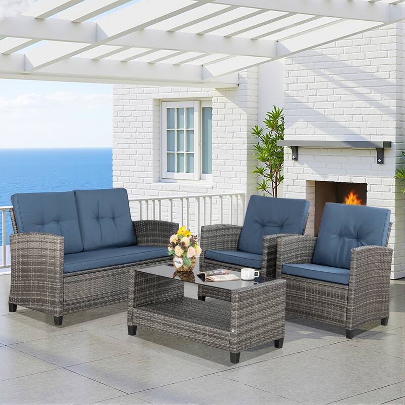 Outdoor 4-Piece Wicker Patio Conversation Sofa Set - N/A