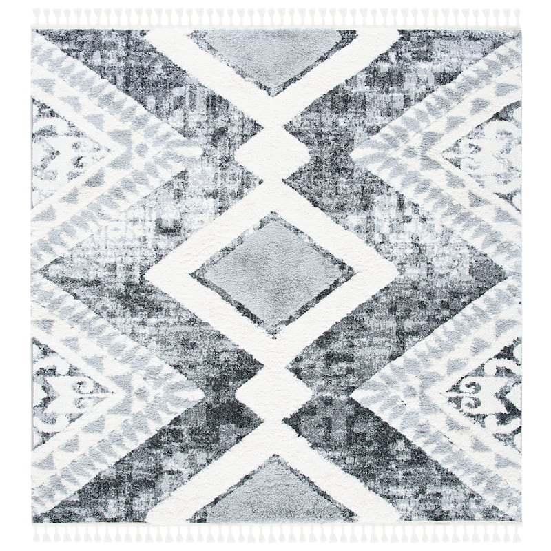 SAFAVIEH Moroccan Tassel Shag Irva 2-inch Thick Rug - 6'7" Square - Grey/Ivory