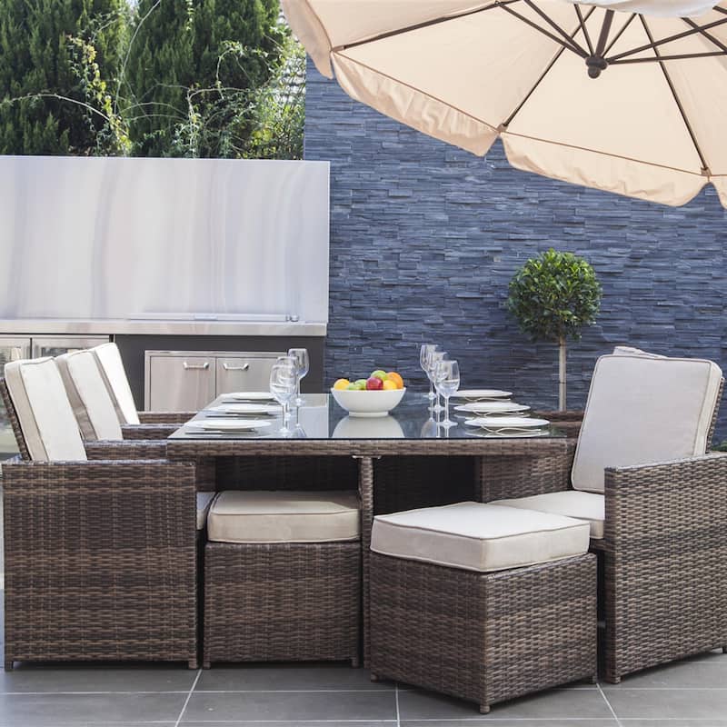 Abrihome 11-piece Patio Wicker Dining Set with Cushions and Ottoman - Brown 