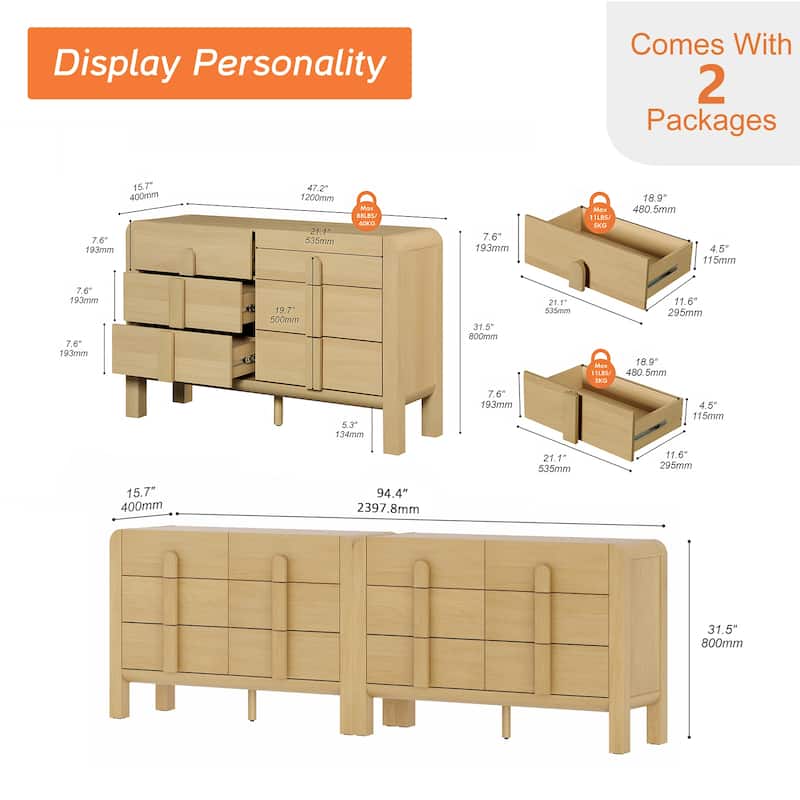 WAMPAT Mid Century 6 Drawer Dresser Set Of 2, 47.2" Modern Chest Of Drawers With Storage, Curved Profile Wood Double Dresser