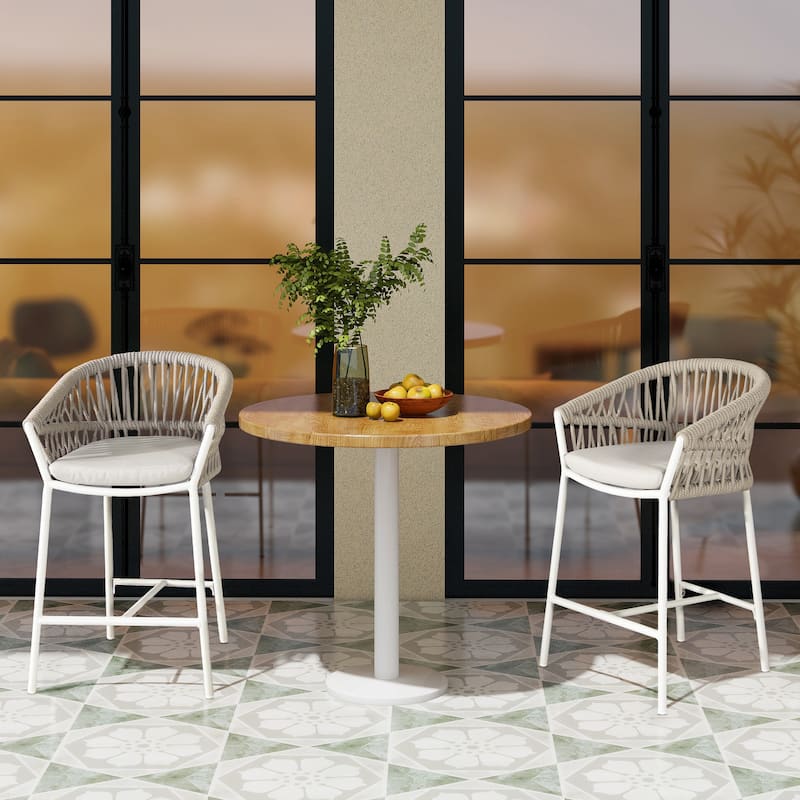 Maiden 27" Woven Rope Upholstered Patio Counter Stools (Set of 2) - Wheat Beige Axroma Olefin