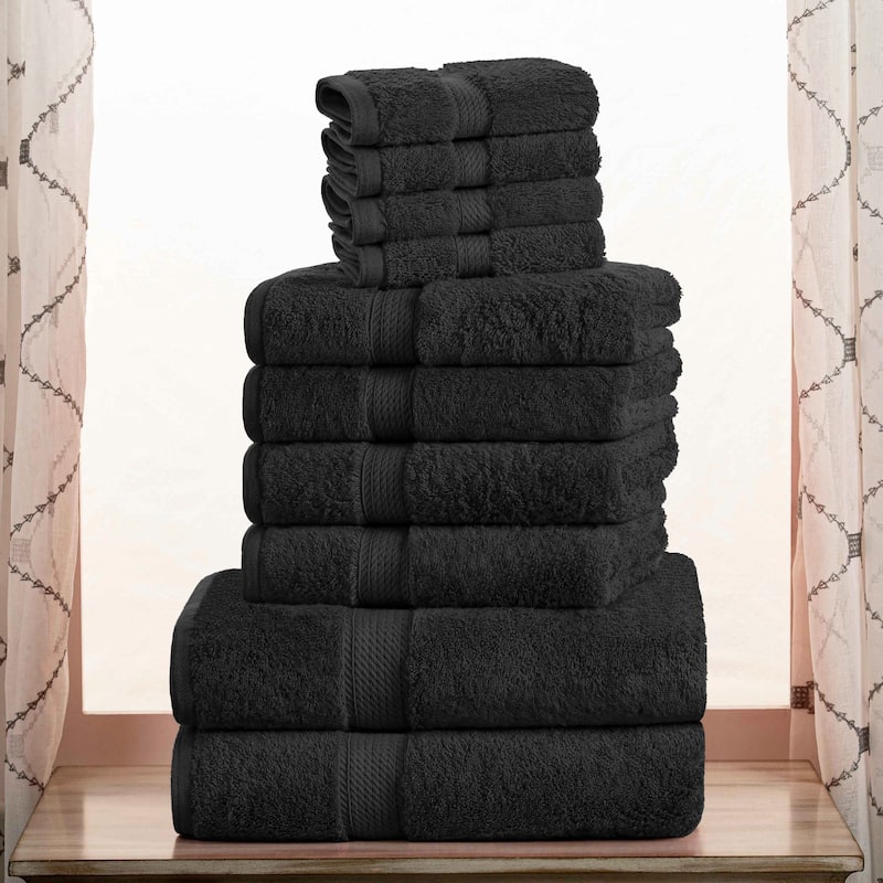 Superior Egyptian Cotton Heavyweight Solid Plush Towel Set - 10-Piece set - Black