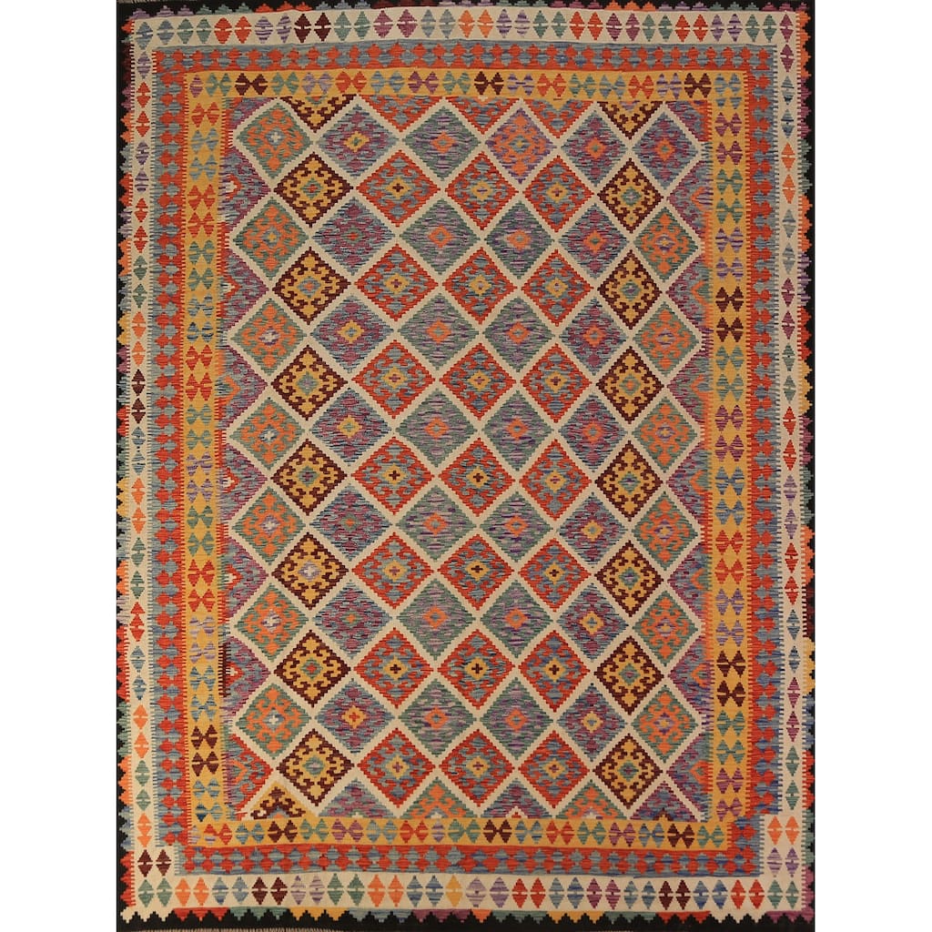 Colorful Trellis Kilim Oriental Rug Flatweave Geometric Wool Carpet - 8'5"x 10'3"