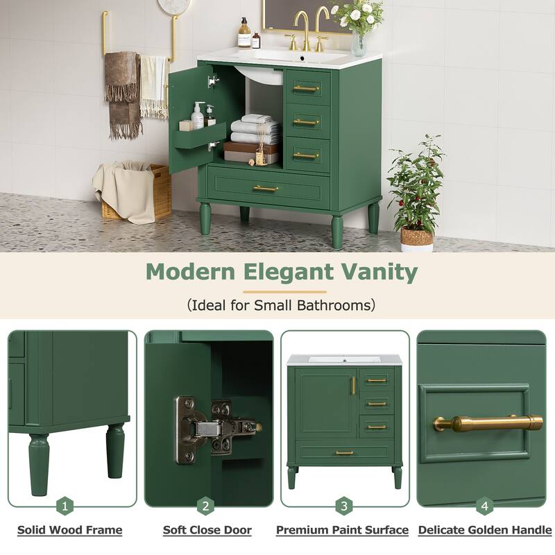 30" Freestanding Bathroom Vanity with Ceramic Sink, Soft Close Door and Drawers, Solid Wood Frame, Modern Storage Cabinet
