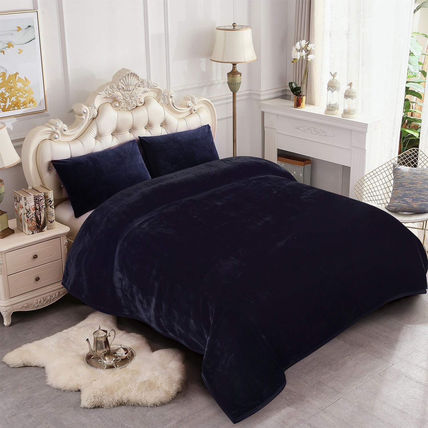 Heavy Crafted Thick Floral 9 pound Winter Fleece Blanket 85 x95 Blue Floral