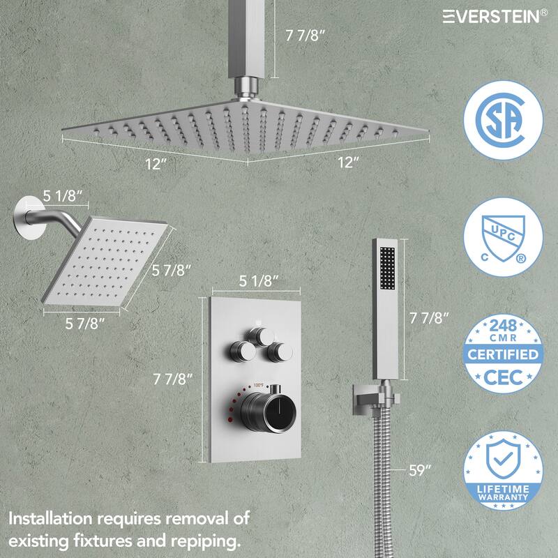 2 Pack Dual Heads 12" Rainfall & High Pressure 6" Shower System with 3 Way Thermostatic Faucet