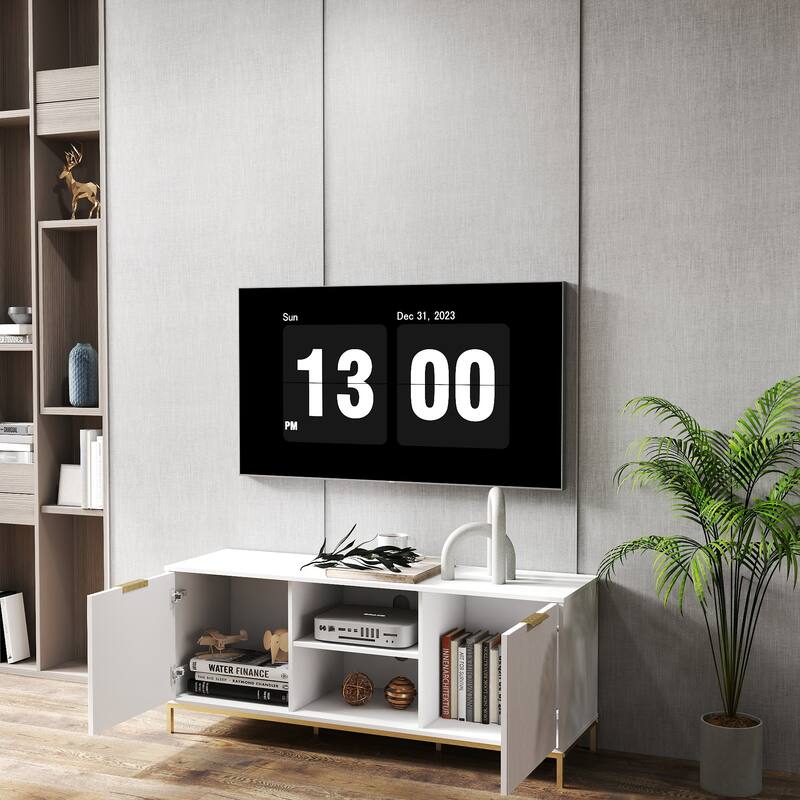 Modern Stylish TV Stand, Entertainment Center TV Stand with Solid Wood Frame and Rainbow Glass Door, for Living Room