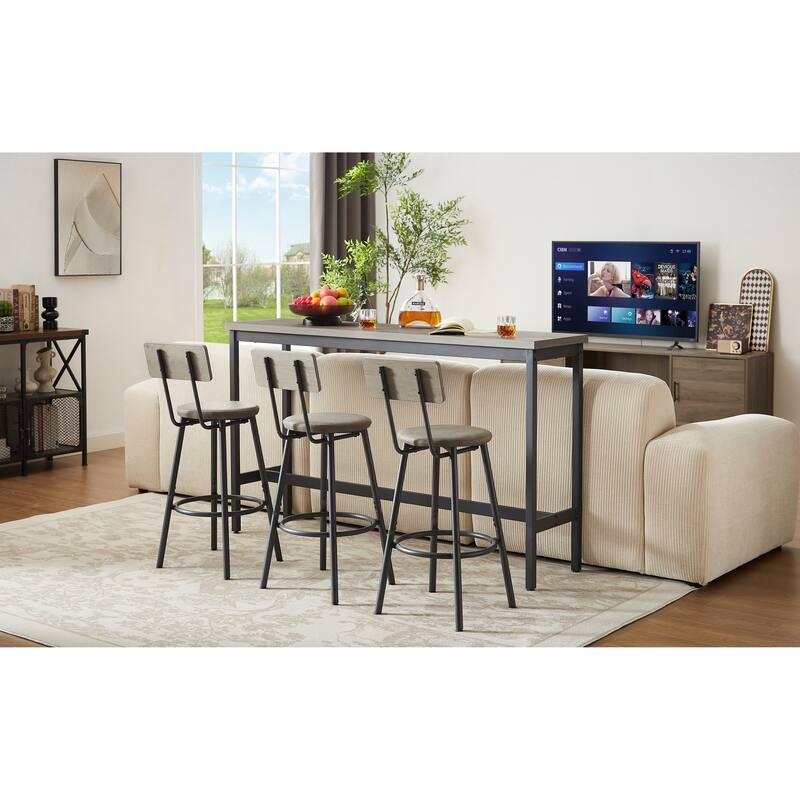 Sofa Side Table and Chairs Set with 3 Leather Upholstered Bar Chairs, Bar Table and Chairs with Back Chairs - Gray