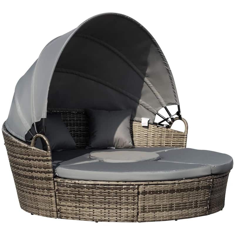 4PCS Rattan Furniture Set, Round Convertible Patio Daybed or Sunbed