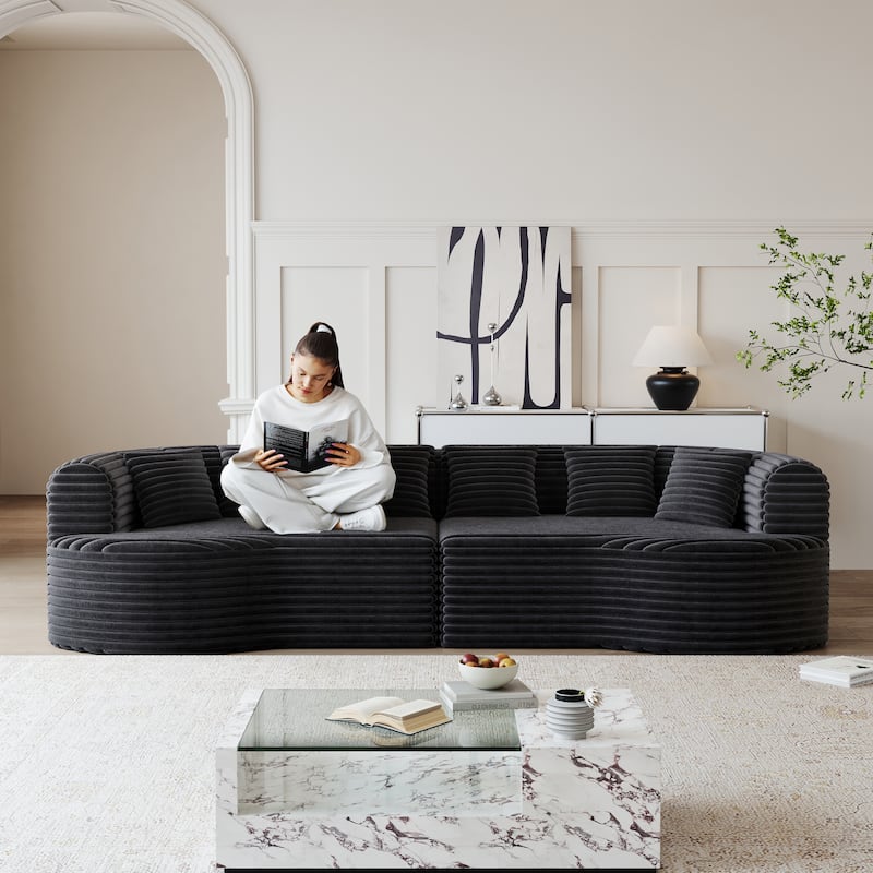 Corduroy Curved Chaise Sectional Sofa with Deep Seating and 6 Pillows