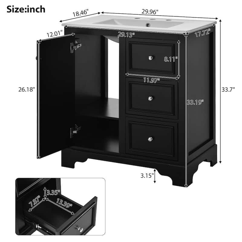 30-Inch Bathroom Vanity with Ceramic Basin, Freestanding Bathroom Storage Cabinet with 3 Drawers and Adjustable Shelves