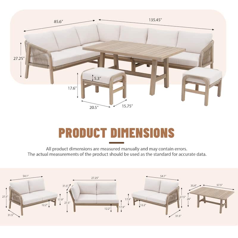Outdoor Sectional Sofa Set 6-Piece Acacia Wood L-Shaped Corner Sofa Set with Dining Table & Ottoman
