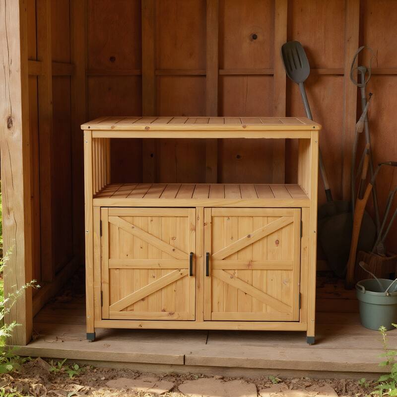 Wood Patio Bar Cabinet, Rustic Cedar Buffet Table with Storage, All-Weather Indoor/Outdoor Multi-Purpose Sideboard