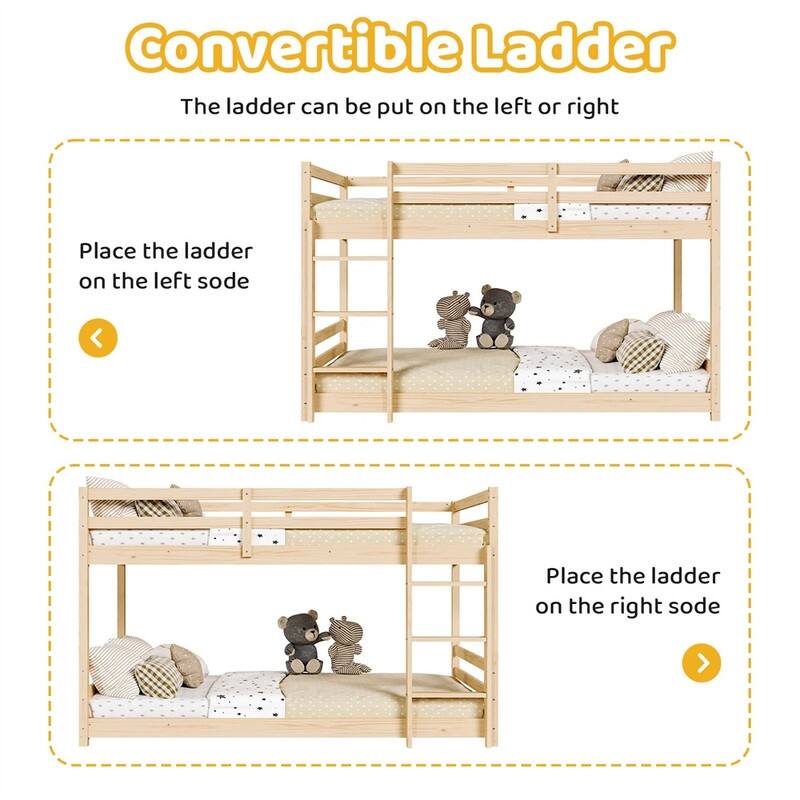 Kids Low Floor Bunk Bed Twin Over Twin With Guard Rails And Stairs