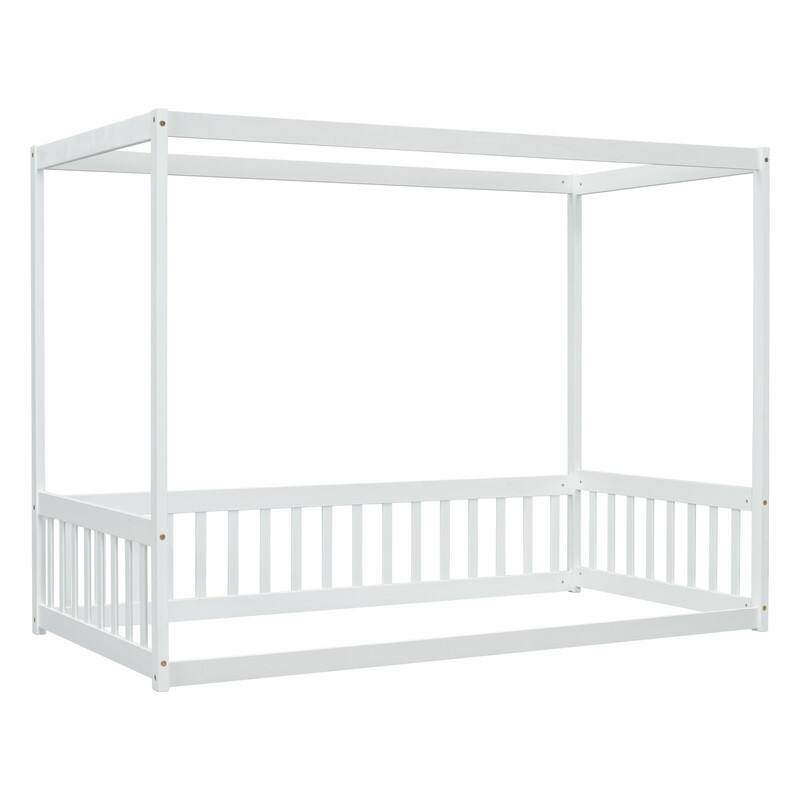 Twin Size Canopy Bed Floor Bed with Fence, Guardrails