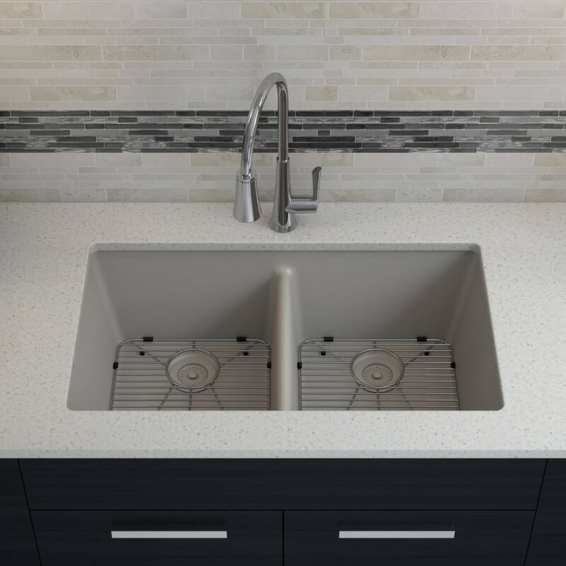 Lexicon Platinum 32" Quartz 50/50 Double Bowl Sink with Grids & Drain