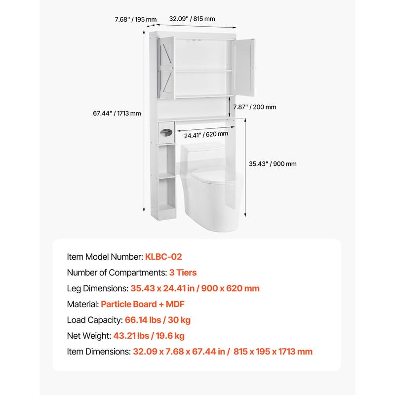 Sofucor Over The Toilet Storage Cabinet with Adjustable Shelves,Bathroom Organizer with Doors and Open Shelving,Space-Saving
