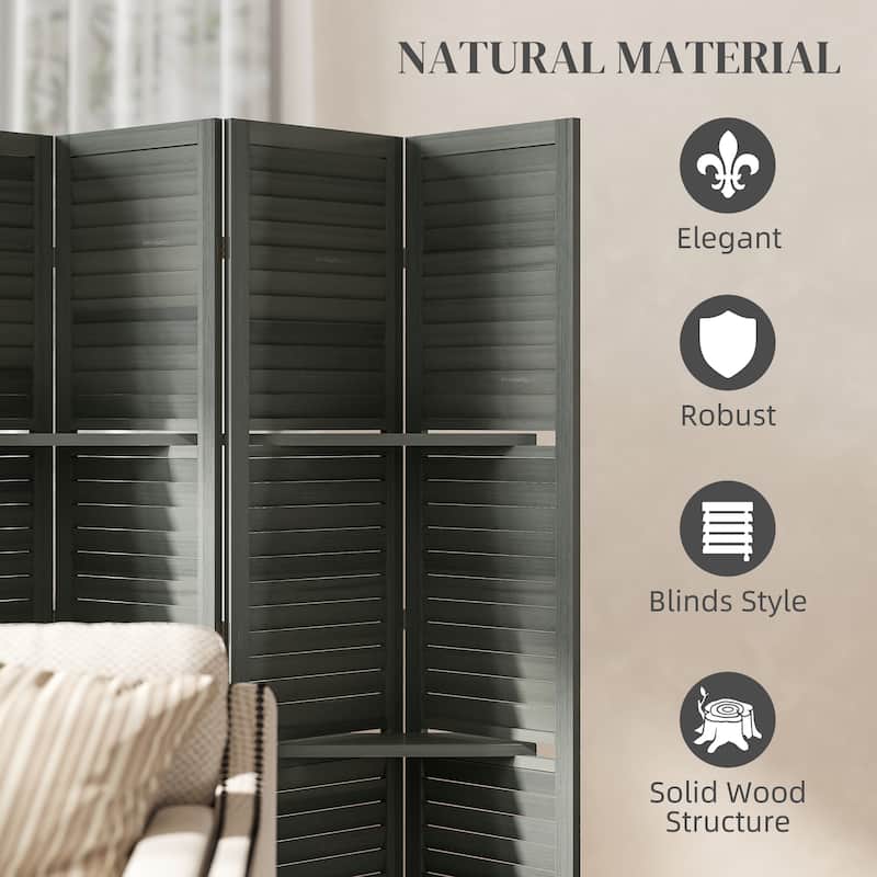 HOMCOM Room Divider, 6 Panel 67" Tall Wood Privacy Screen with 3 Display Shelves, and Folding Storage for Bedroom, Gray