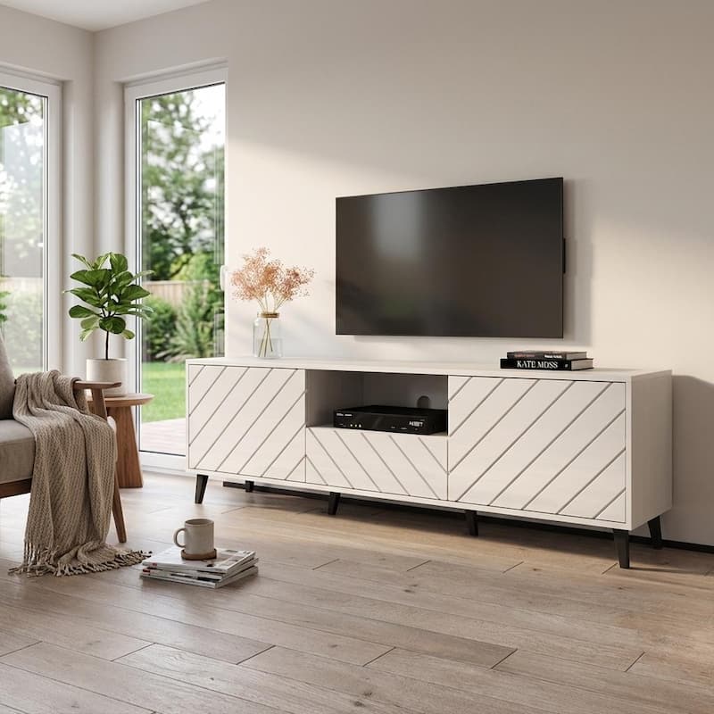 Meble Furniture Paris Modern 71" High Gloss TV Stand with Geometric Front Design, Angled Legs, 22"H x for up to 80" TVs