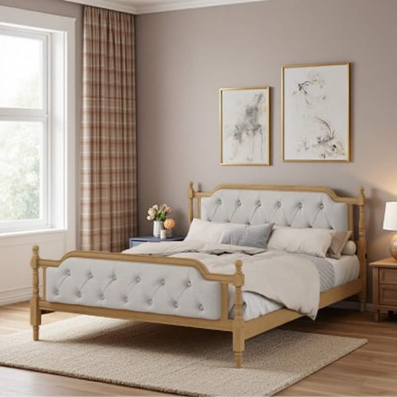 King Size Traditional Solid Wood Platform Bed with Upholstered Tufted Headboard, No Box Spring Needed - King Walnut - King