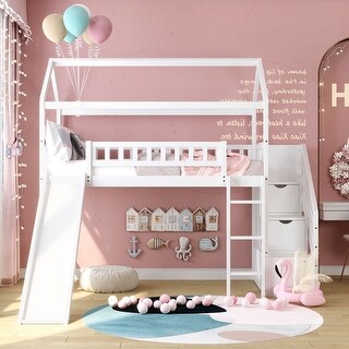 Jeena Twin House Loft Bed with Two Drawers and Slide - Bed Bath ...