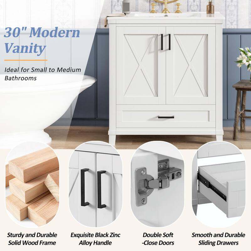 30" Bathroom Vanity - Solid Wood Frame, Single Sink, 2 Soft-Close Doors, Divided Drawer & Dual Storage Shelves