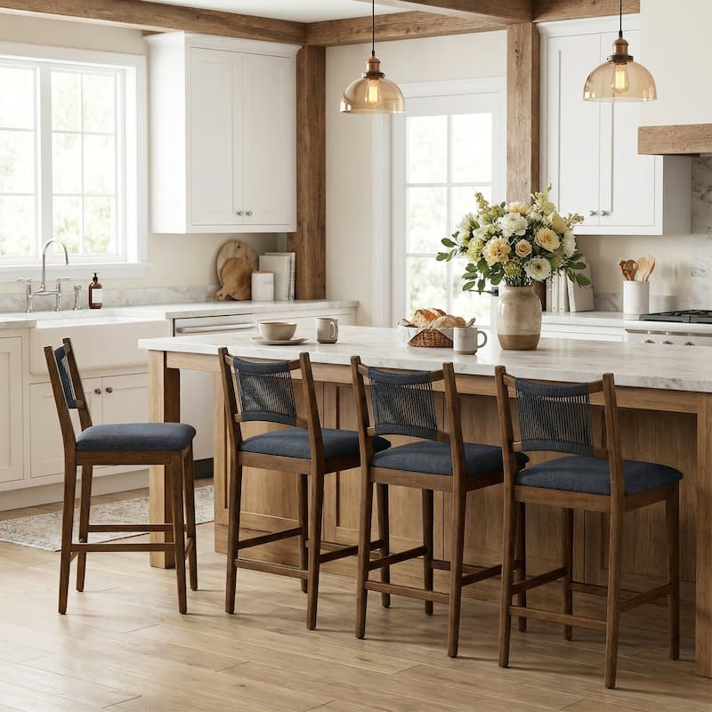 Christopher Knight Home - Arno Mid-Century Modern Upholstered Counter Stool with Rope Back and Solid Wood Frame Set - 21"W