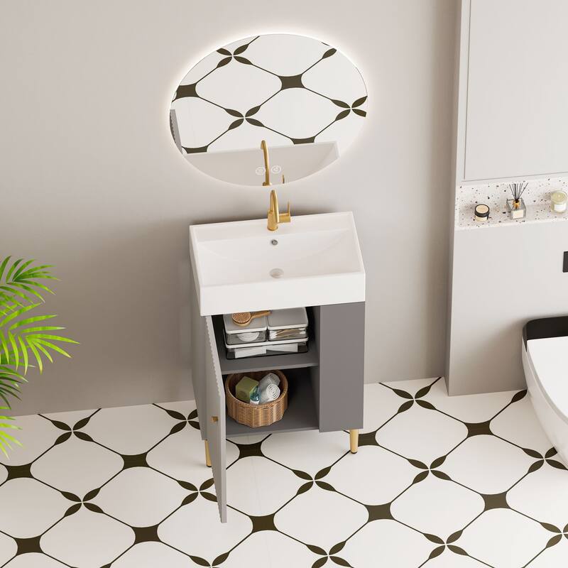 Compact White Bathroom Vanity with Ceramic Sink, Soft-Closing Cabinet, and Brushed Copper Accents for Small Spaces