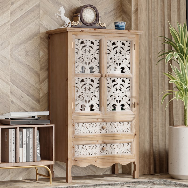 COZAYH French Country Storage Cabinet, Classic Carved Openwork Cupboard, Perfect for Living Room, Kitchen, Hallway