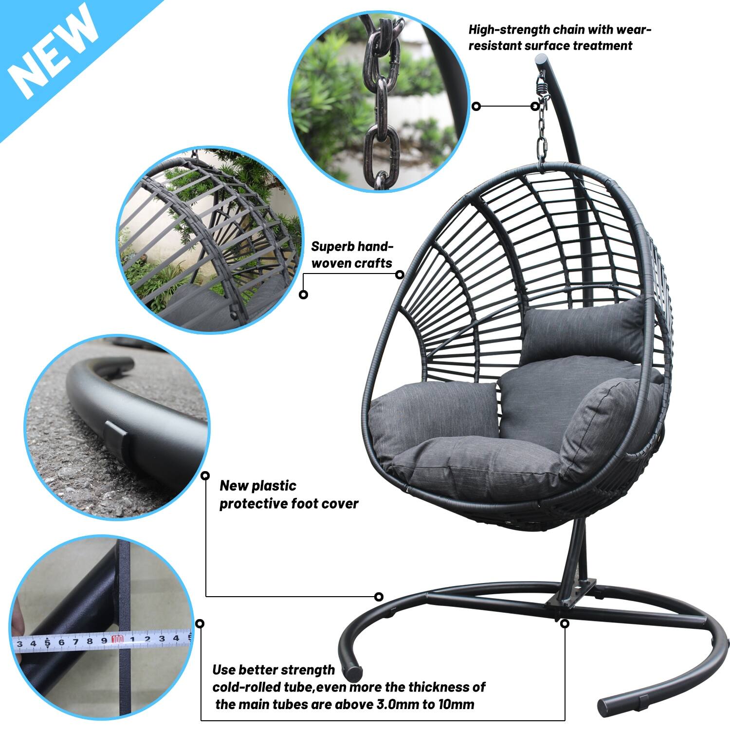 Outdoor Indoor PE Wicker Swing Egg Chair with Cushion and Base Bed