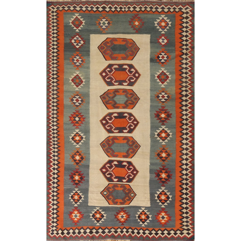 Flatweave Vegetable Dye Tribal Kilim Qashqai Persian Antique Area Rug - 4'11"x 8'1"