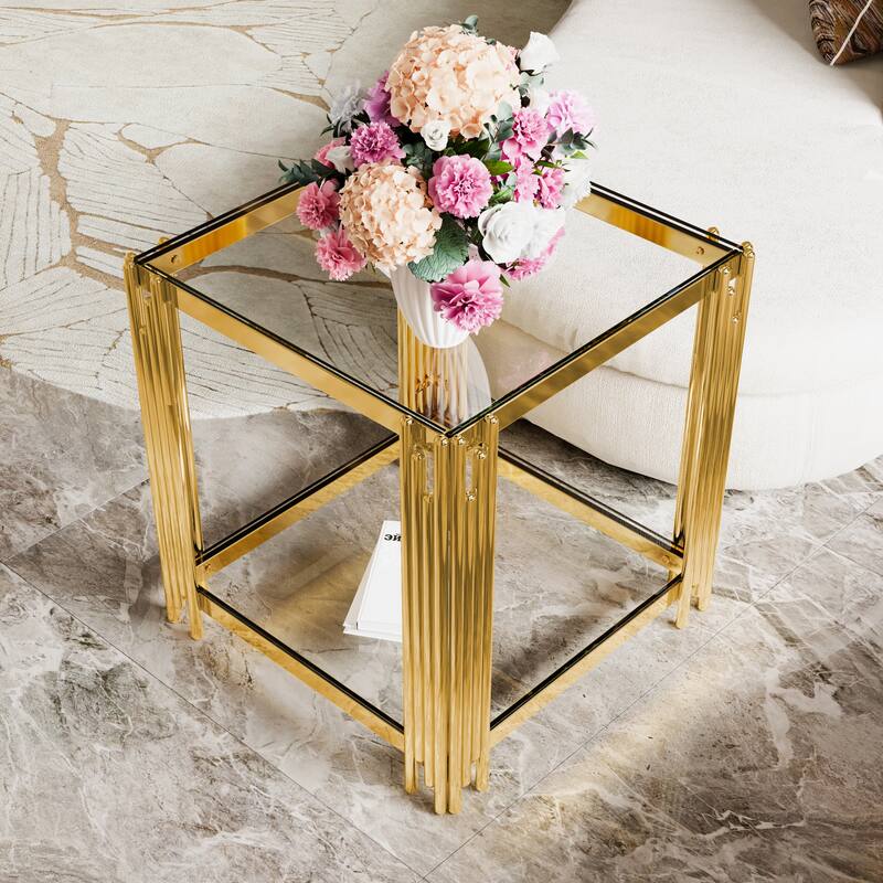 19.9" Modern Transparent Glass End Table for Living Room, Square,Asymmetrical Metal, Gold Finish & Lower Shelf