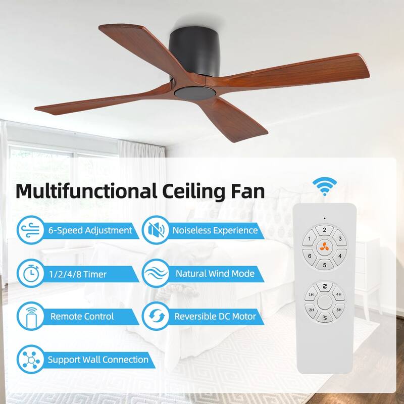 MLiAN 4 Soild Wood Blades Flush Mount Ceiling Fan Remote Control 6-Speed DC