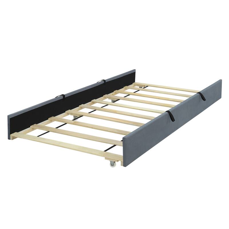 Twin Size Platform Bed Stylish Velvet Upholstered Bed Frame with Headboard and Footboard & Pull Out Twin Size Trundle, Grey