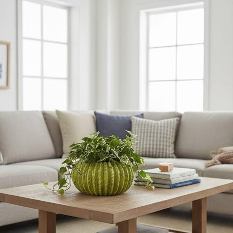 Decorative Planter, Melon Shape, Vertical Ribbed Texture, Green Ceramic