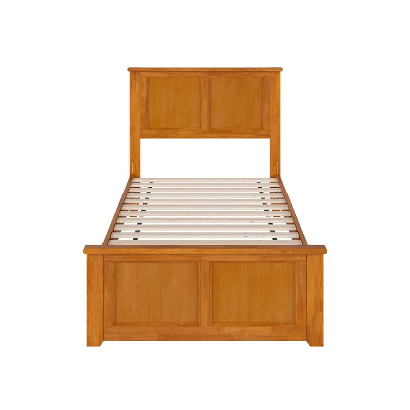Twin XL Platform Bed - Solid Wood Low Profile with Footboard & USB Ports - Light Toffee Finish