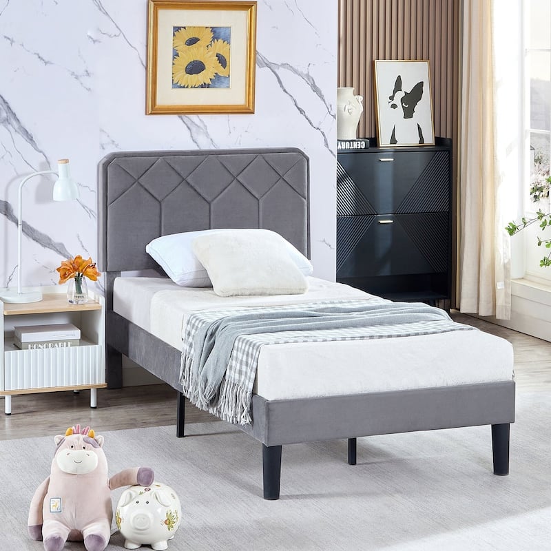 VECELO 3-Pieces Upholstered Platform Bed Frame with Adjustable Headboard and Nightstands Set of 2, Grey