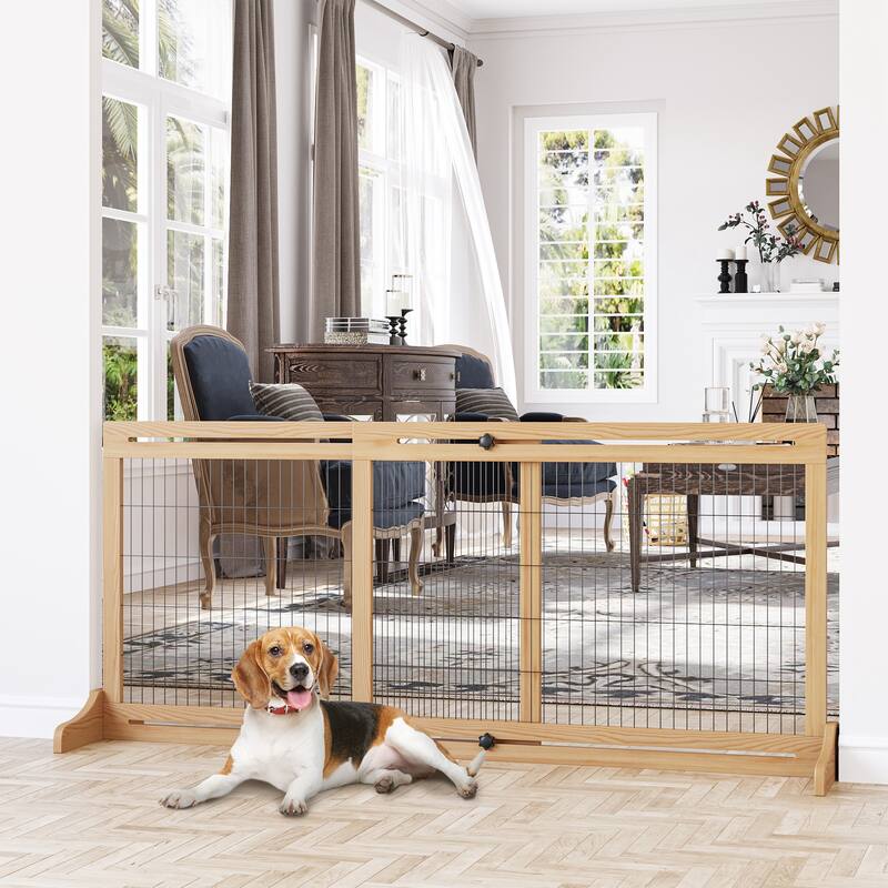 Extra Wide Freestanding Pet Gate Dog Crate Dog Cage with Adjustable Length Dog House Dog Room for Living Room - Natural