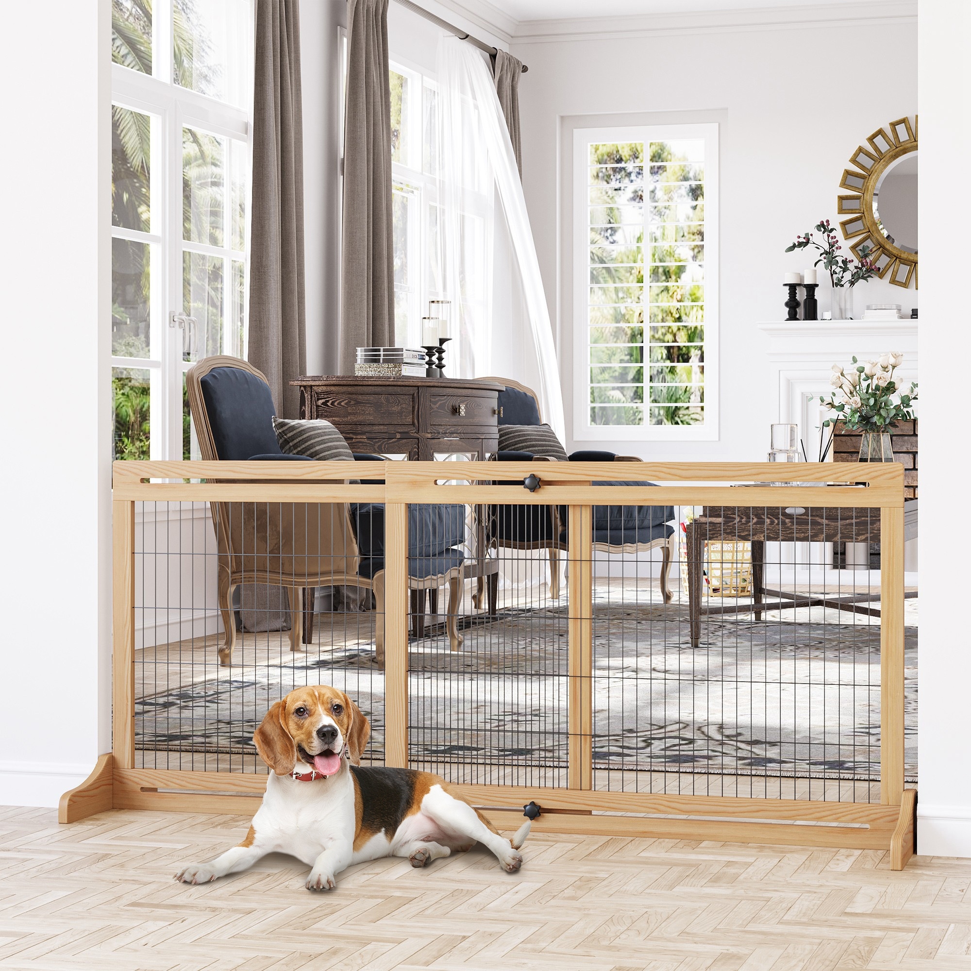 Extra Wide Freestanding Pet Gate Dog Crate Dog Cage with Adjustable Length Dog House Dog Room for Living Room
