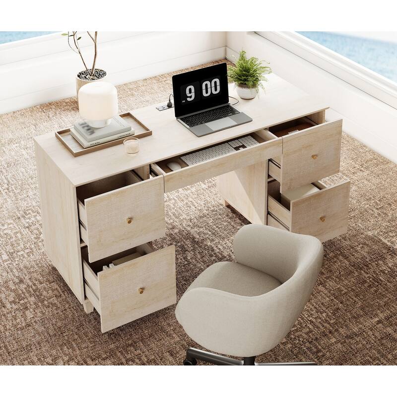 WAMPAT Home Office Furniture Set, 58" Executive Desk with Drawers, 3-Column 71" Tall Bookcase with Doors and Adjustable Shelves