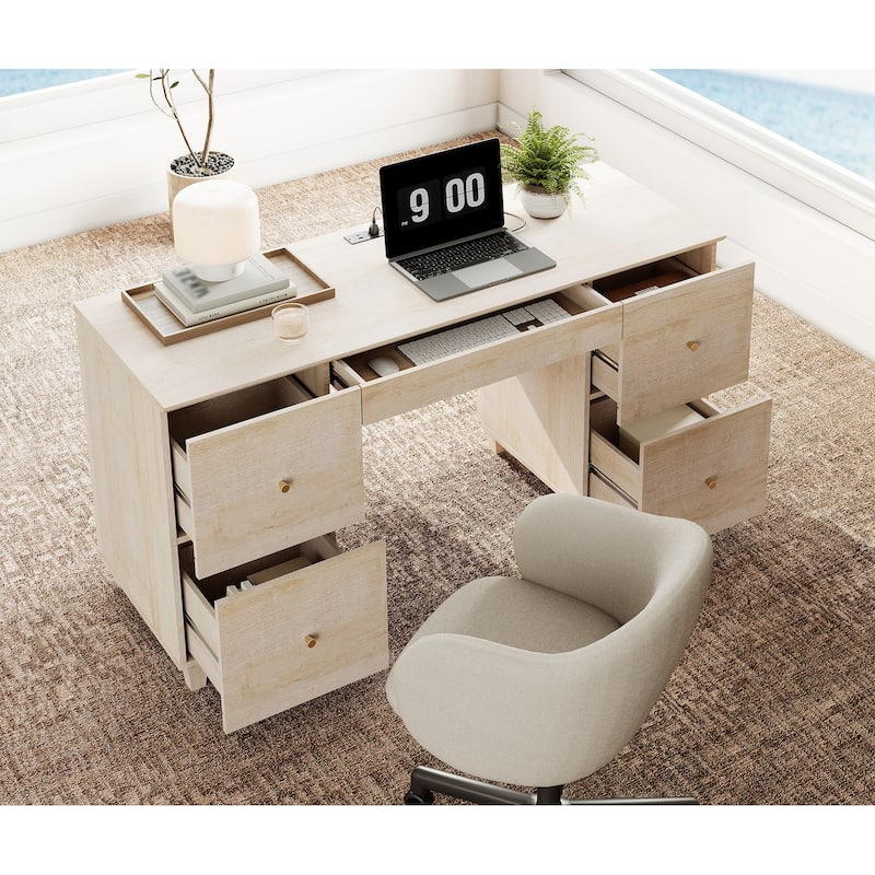 WAMPAT Home Office Furniture Set, 58" Executive Desk with Drawers, 71" Tall Bookcase with Doors and Adjustable Shelves