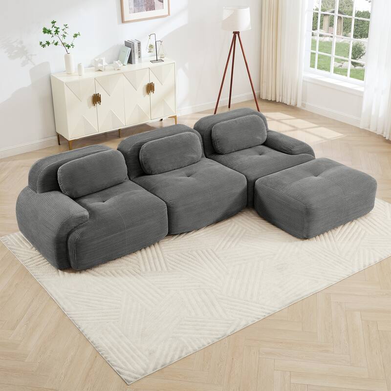 Corduroy Modular Boneless Sectional Sofa with Ottoman, Free combination, Pet-Friendly, No Assembly Required - Gray 117.3" L-Shaped