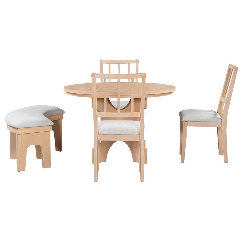 5-piece Round Dining Table Set with 3 Upholstered Chairs, Kitchen Table Set with Curved Bench for Dining Room