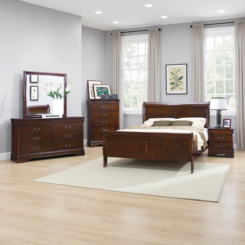Fy Four Piece Queen Size Bedroom Set, Antique Brass Metal Handles, Cherry Brown