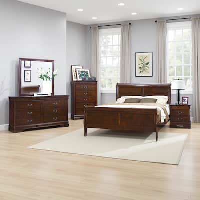 Fy Four Piece Queen Size Bedroom Set, Antique Brass Metal Handles, Cherry Brown