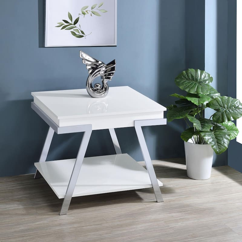Matos White High Gloss and Chrome Rectangular End Table