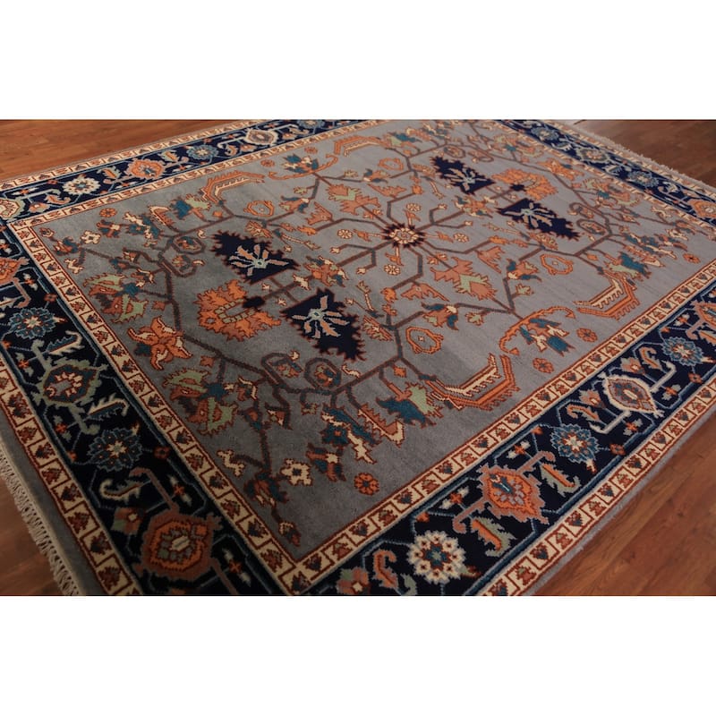 Gray Blue Geometric Kazak Indian Area Rug Handmade Wool Carpet - 7'10"x 9'11"
