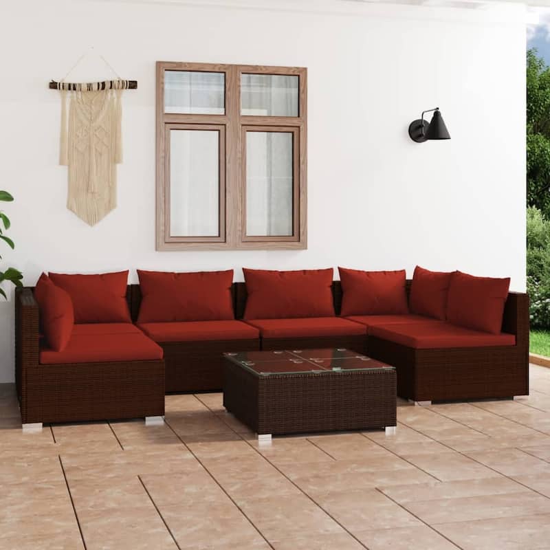 vidaXL 7 Piece Patio Lounge Set with Cushions Poly Rattan Brown - 27.6" x 27.6" x 24" - 27.6" x 27.6" x 24" - Brown/Cinnamon red 8 x Back pillow
