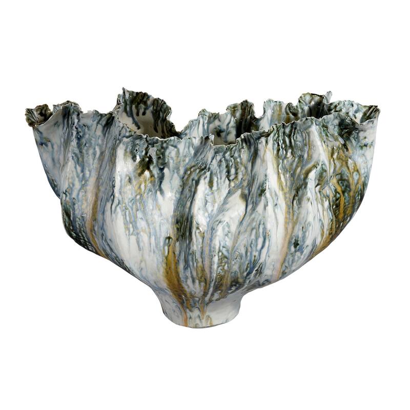 Tery Decorative Vase, Wavy Fishtail, 16 Inch Glossy Blue White Ceramic