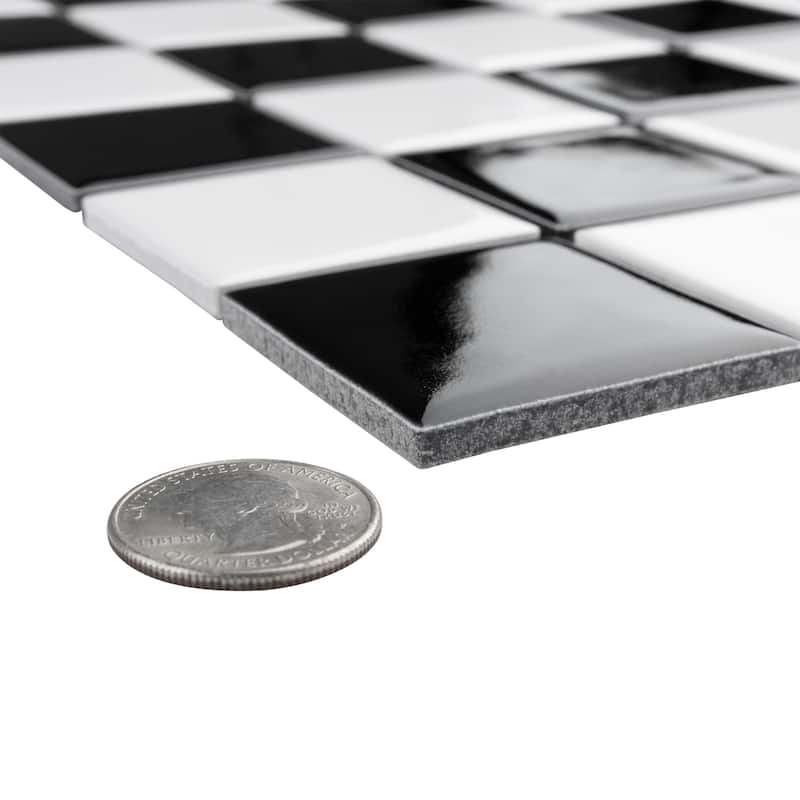 Merola Tile Metro Quad Checkerboard Glossy Black and White 11-3/4" x 11-3/4" Porcelain Mosaic Floor and Wall Tile
